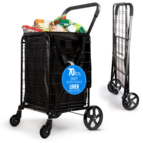 SereneLife Small Compact Folding Shopping Cart with Removable Waterproof Liner – 360° Swivel Wheels, Rust‑Proof Steel Frame, 70 lb Capacity – Portable Grocery, Laundry & Travel Cart (Black)