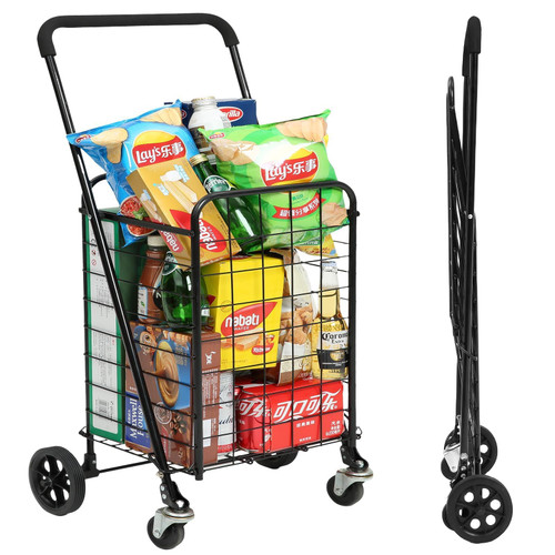 Siffler Grocery Shopping Cart with 360° Swivel Wheels Folding Utility Cart with Easily Collapsible Cart with Extended Foam Cover, Trolley for Laundry, Groceries, Travel (Black, Small)