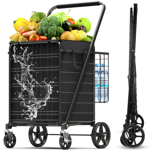 XING LANG 5.0 Cu Ft Folding Shopping Cart - 480 LB Capacity Grocery Cart with 360° Braked Swivel Wheels - Heavy Duty Utility Cart with Double Basket & Removable Waterproof Liner with Lid for Laundry