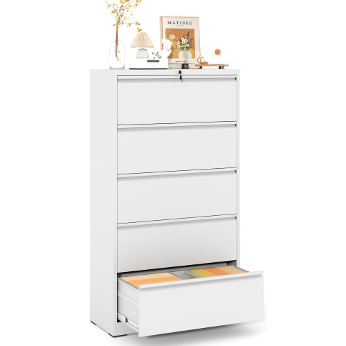 VIYET 5 Drawer File Cabinet,Metal Lateral Filing Cabinet with Lock,Home Office Storage Organizer Cabinet for Legal/Letter/A4/F4 Size Files,35.5" W,White