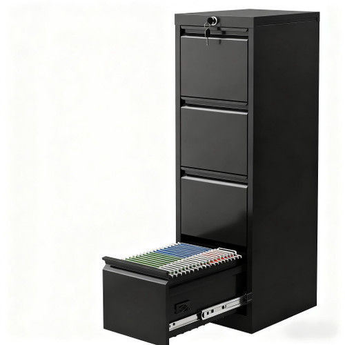 EliteEdge 4 Drawer Metal File Cabinet with Lock, Wide Office Steel Filing Cabinet, Mobile Storage Organizer for Letter Legal Files, Home Office School Tool Storage Cabinet, Black