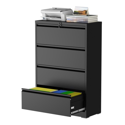 FOSTOKO 4 Drawer Lateral File Cabinet with Lock, Metal File Cabinets for Home Office, Steel Heavy-Duty Filing Storage Cabinet for Letters/Legal/A4 (Require Assembly, Black)