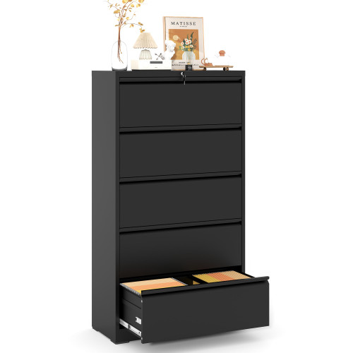 VIYET Lateral File Cabinet with Lock,5 Drawer Metal Filing Cabinets, Home Office Storage Cabinet for Hanging Files Letter/Legal/F4/A4 (Black)
