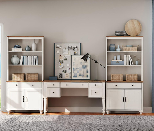 WAMPAT Home Office Furniture Set, 56" Executive Desk with Charging Station, 72" Tall Bookcase with 4 Doors and 2 Drawers, Wood Computer Desk with File Cabinet Storage, Open Shelf, White