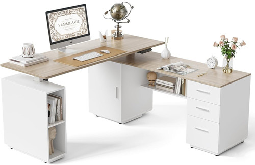 Cubiker 63" L Shaped Standing Desk with Storage, Executive Height Adjustable Table with Drawers, Light Wood Grainy