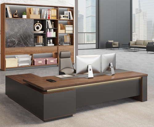 Reversible L-Shaped Executive Desk with Drawers – Large Modern Executive Office Desk with Open Storage Shelves, LED Lighting, Built-in Outlet & USB Port for Office & Home Office (71"L * 63"W * 30"H)