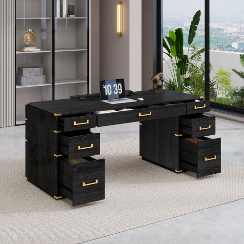 Merax 70" Executive Desk, Classic and Traditional Design with Metal Edge Trim, 7 Drawers and Hidden Storage, USB Ports and Outlets, Large Writing Desk for Home Office, Study, Living Room,Black