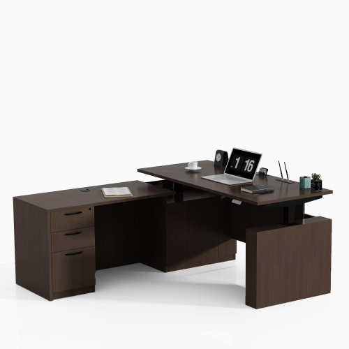 ALFA BUSINESS 66.93'' L Shaped Executive Standing Desk with Pre-Assembled Frame & Lockable Cabinets, Height Adjustable Desk Dual-Motor Sit-Stand Workstation for Corporate & Home Office (Espresso)