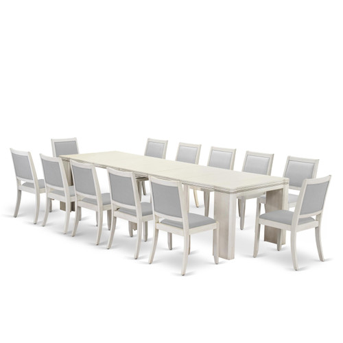 Luxe By East West Furniture X12X2-00W-27-13 Pieces Extendable Dining Set Includes a Rectangle Xtenczar Dining Table and 12 Light Gray Faux Leather Stackable Dining Chairs, Antique White