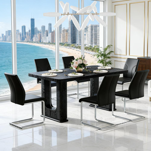 64.5" Dining Room Table Set for 6, 64.5" Modern Black Wood Grain Kitchen Table Set with Tempered Glass Inlay & Dual Pedestal Base, Rectangular Dining Table with 6 Upholstered Chairs for Dining Room