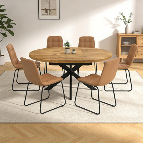 7-Piece Extendable Round Dining Table with Chairs Set for 6, 43"-59" Kitchen Dining Table Set with Heavy Duty Leg and Cozy Chairs for Dining Living Room Apartment(Oak Table + 6 Brown Chairs)