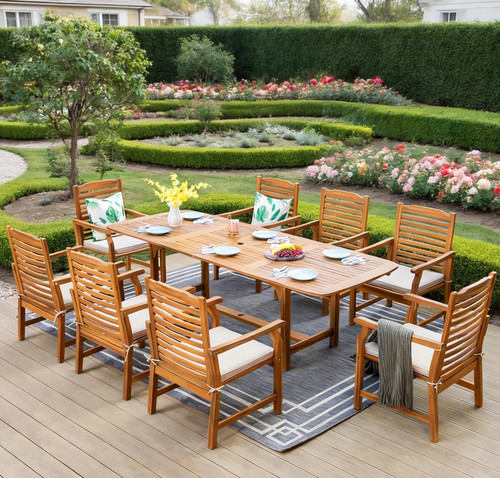 PHI VILLA 9 Pieces Acacia Wood Patio Dining Set for 8, Expandable Teak Dining Table & Wooden Chairs with Cushions, Farmhouse Dining Furniture Set for Outdoor Deck, Yard, Porch