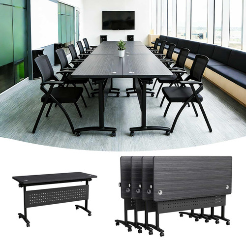 Modern Conference Table, Folding Conference Table with Wheels, Flip Top Mobile Meeting Table for 2-30 Person, Modular Seminar Training Room Table for Meeting Conference Room (4, Dark Grey, 70.8")
