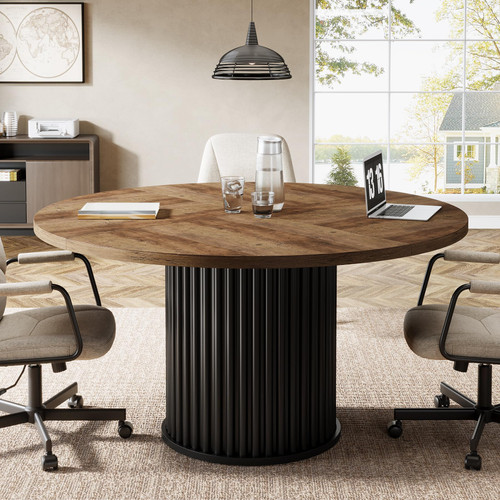Tribesigns 47-Inch Round Conference Table, Meeting Table for 4-6 People, Small Office Desk with Sturdy MDF + Metal Base, Perfect for Conference Room or Small Workspaces, Brown + Black