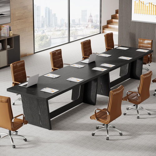 Tribesigns 12FT Conference Table, Modern Meeting Seminar Table for 12-14 Person, Rectangular Solid Executive Business Furniture Boardroom Desk for Office,(Set of 2, Black)