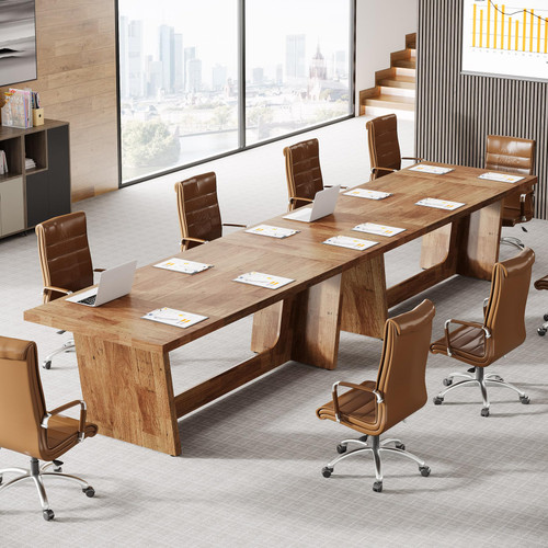 Tribesigns 12FT Conference Table, Modern Meeting Seminar Table for 12-14 Person, Rectangular Solid Executive Business Furniture Boardroom Desk for Office (Set of 2, Light Brown)