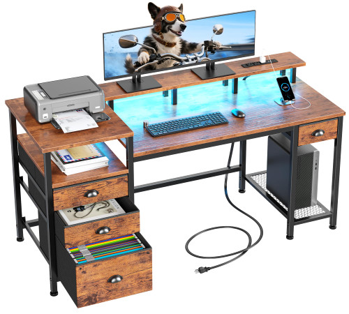 Furologee 60" Computer Desk with File Cabinet and Storage Shelves, Reversible Home Office Desk with LED Lights, Full Monitor Stand, Power Outlets, Study Gaming Table with 4 Drawers, Rustic Brown