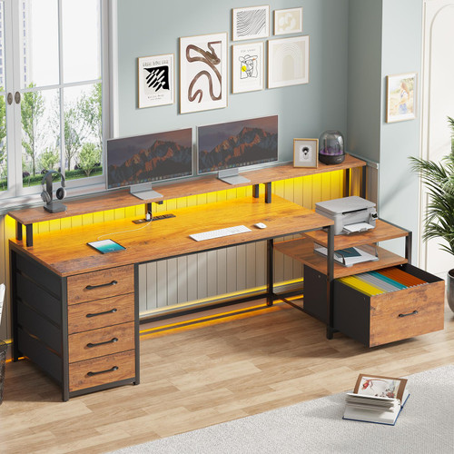 SEDETA Home Office Desk with File Drawer & Power Outlet, 66'' Computer Desk with 5 Drawer, Storage Shelves, Printer Cabinet and Monitor Shelf, Gaming Desk with Led Lights, Rustic Brown