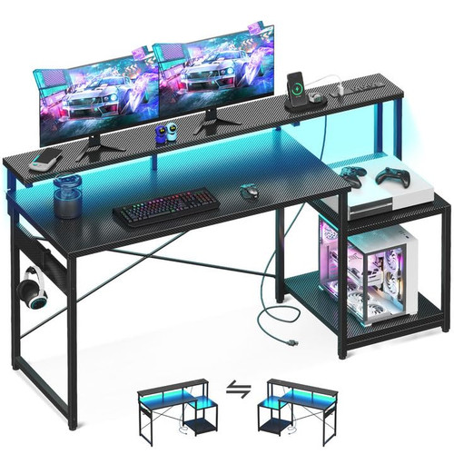 AODK Computer Desk, 56 Inch Gaming Desk with Led Lights & Power Outlet, Office Desk with Storage Shelves, Reversible Desk with Monitor Shelf & Headphone Hook, Carbon Fiber Black