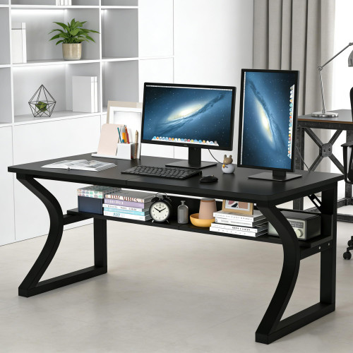 StarGraph Computer Desk 55 Inch Large Computer Desk with Storage Shelf Home Office Desk with C Shaped Metal Frame Writing Work Study Student Home Bedroom Office (Black, 55inch)