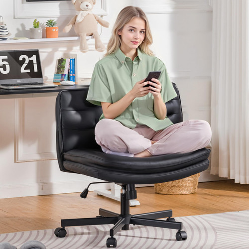 GTPLAYER Criss Cross Legged Office Chair with Wheels, Extra Wide Armless Comfy Desk Chair for Home Bedroom, 2 Layer Cushion Large Seat & Back Support X-Legged Chair, Black PU Leather Adjustable Height