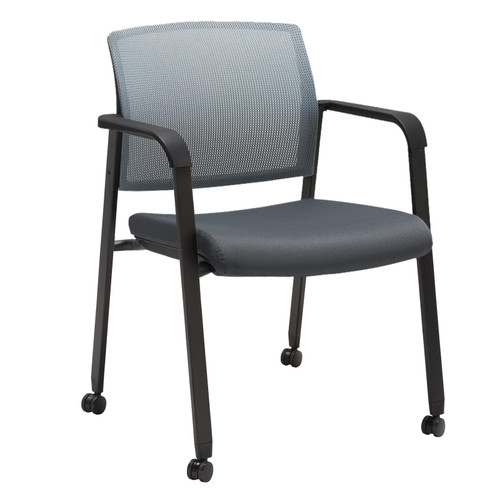 CLATINA Grey Waiting Room Chair with Wheels Mesh Back Stacking Arm Chairs with Upholstered Fabric Seat and Ergonomic Lumbar Support for Office School Church Guest Reception
