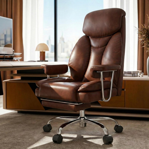 Big and Tall Office Chair, Executive Home Office Desk Chair, Comfy Leather High-Back Reclining Computer Chair with Retractable Footrest and Padded Arms, 360°Swivel Rolling Wheels, Wide Seat, Brown