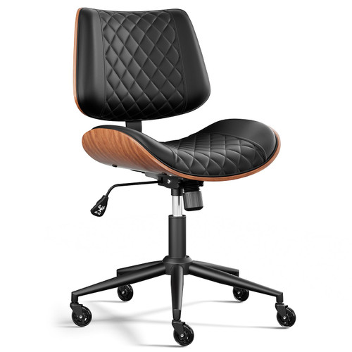 FervorFurn Home Office Desk Chair with Swivel Wheels, Modern PU Leather Armless Office Chair, Small Mid Back Computer Chair for Home Office, Reading Meeting Room (Black, Black Wheels)
