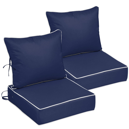 24x24 Outdoor Chair Cushions Set of 2, Waterproof Deep Seat Cushions for Patio Furniture with Removable Cover, Fade Resistant 4'' Outdoor Seat Cushion w/Ties&Handle for Sofa Loveseat, Navy+White Pipes