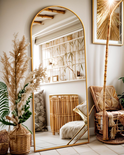 Antok 58" x19” Arched Full Length Floor Mirror, Gold Aluminum Frame, Free Standing/Wall Mount/Leaning for Bedroom