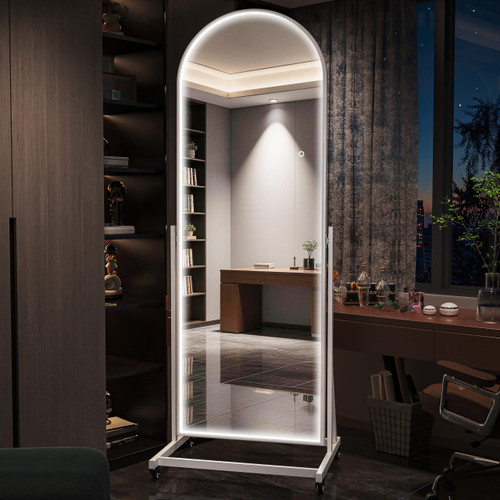 71"x24" Arched Full Length Mirror with Lights，Rolling Floor Mirror with Wheels & 360° Rotation, 3-Color Dimmable Lighting for Bedroom