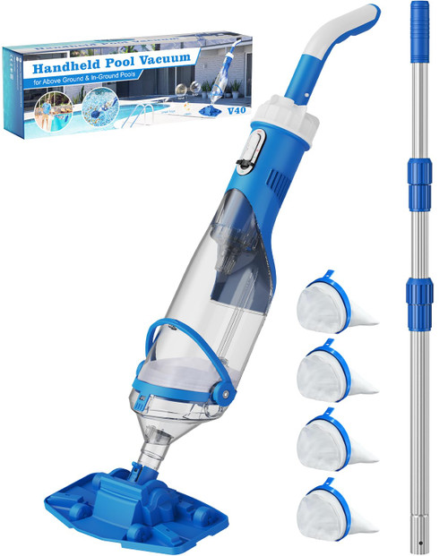 Cordless Pool Vacuum with Telescopic Pole, 18.5 GPM Powerful Suction for Above Ground/Inground Pools, Hot Tubs, Blue