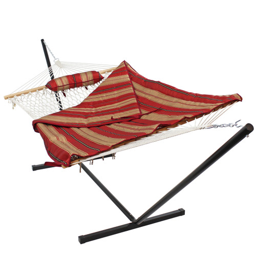 Sunnydaze Rope Hammock with Stand for Outside- 275-Pound Capacity - Includes 12-Foot Hammock Stand, Spreader Bar, Pad, and Pillow - Green Stripe