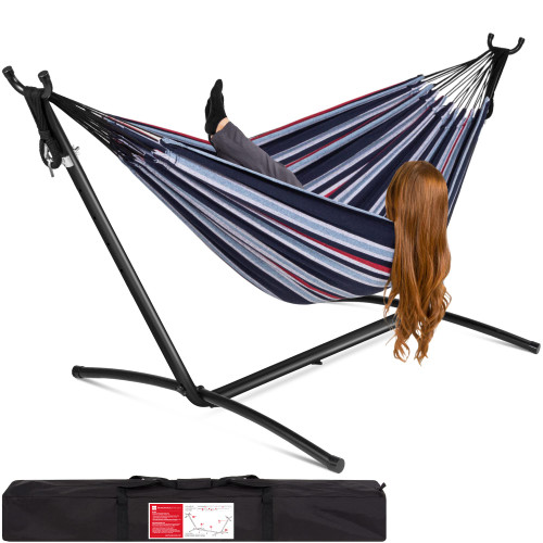 Best Choice Products Double Hammock with Steel Stand, Indoor Outdoor Brazilian-Style Cotton Bed w/Carrying Bag, 2-Person Capacity - Abyss