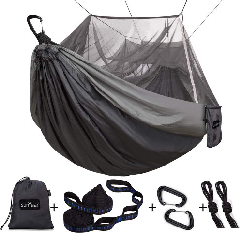 Sunyear Camping Hammock, Portable Single & Double Hammock with Net, 2 Person Hammock Tent with 2 * 10ft Straps, Best for Outdoor Hiking Survival Travel
