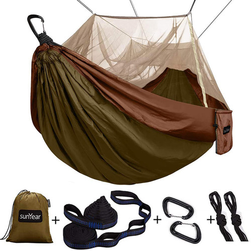Sunyear Single & Double Camping Hammock with Net, Portable Outdoor Tree Hammock 2 Person Hammock for Camping Backpacking Survival Travel, 10ft Hammock Tree Straps and 2 Carabiners, Easy to Setup