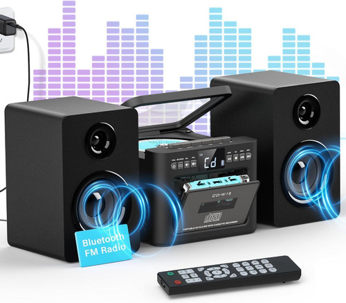 40W Home Stereo System with Bluetooth, FM Radio/USB/TF/AUX/Remote Control, Detachable Wooden Bookshelf Speakers