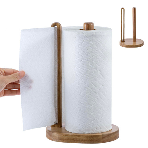 MyGift Premium Acacia Solid Wood Countertop Paper Towel Roll Stand with Easy-Tear Dispenser