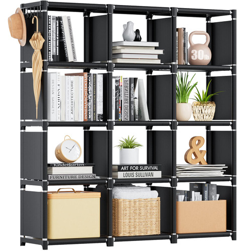 Mavivegue Book Shelf, 12 Cube Storage Organizer, DIY Bookcase, Metal Bookshelf,Tall Book case for Bedroom, Living Room,Office,Closet, Black Cubicle Rack