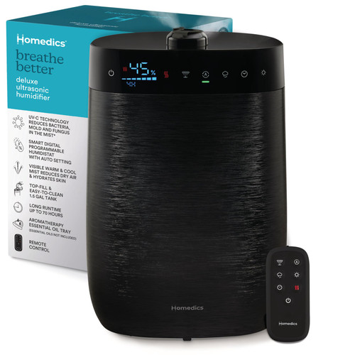 Homedics Deluxe Ultrasonic Humidifier for Large Rooms, Warm or Cool Mist, UV-C Technology, 1.5-Gallon Top Fill Tank