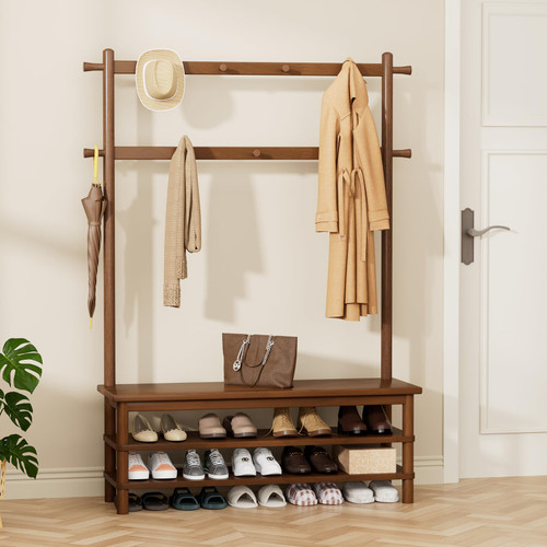 Coat Rack, 3-in-1 Hall Tree with Bench and Shoe Storage, Entryway Bench