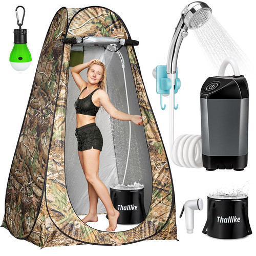 Portable Camping Shower, Pop Up Shower Privacy Tent Kit with LED Lights, 4500mAh Rechargeable Shower Pump, Filtered Shower Head & 7.4 Gallons Foldable Bucket, Outdoor Shower for Hiking Beach, Travel