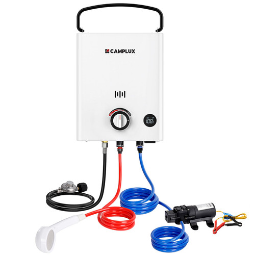 CAMPLUX Propane Portable Water Heater 1.32 GPM 34,000 BTU, First F5 Pro, with 1.2 GPM Pump Kit for RVs, Campings & Cabins, Ultra Portable Design, Easy Setup