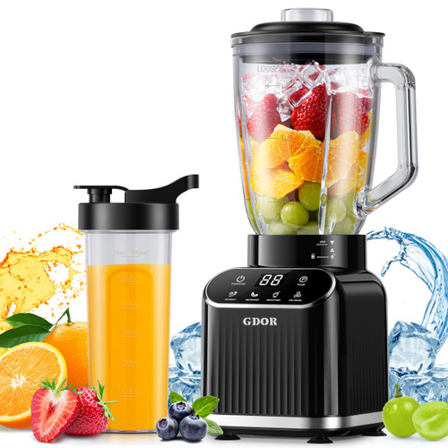 GDOR Professional Blender for Kitchen, 1200 Peak Watts Smoothie Blender, 5 Functions for Ice Crushing & Frozen Fruit, 52 Oz Glass Jar & 24 Oz To-Go Cup Combo, Self-Cleaning, Black