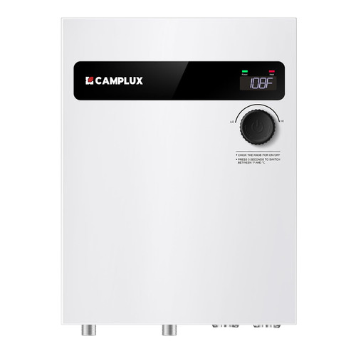 CAMPLUX Electric Tankless Water Heater 27kW 240V, Instant Hot Water, Self-modulating Technology, Multipoint of Use Water Heater with Digital Display, for Whole House Shower, White