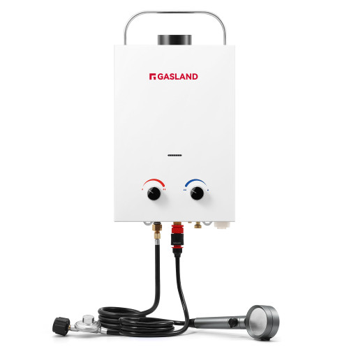 GASLAND BS158 Outdoor Portable Gas Water Heater 1.58GPM, 6L Propane Tankless Water Heater for RV Camping Cabin Boat, Overheating Protection, Easy to Install, White