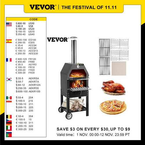 VEVOR 12" Wood Fried Pizza Oven with Wheels & Handle Labor-Saving 2-Layer Portable for Backyard Camping Site Park Outdoor Baking