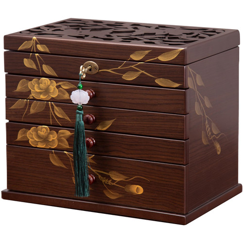 6-Layer Wooden Jewelry Organizer Boxes with 4 Drawers dresser, Vintage Multi-functional Jewelry Storage Case with lock