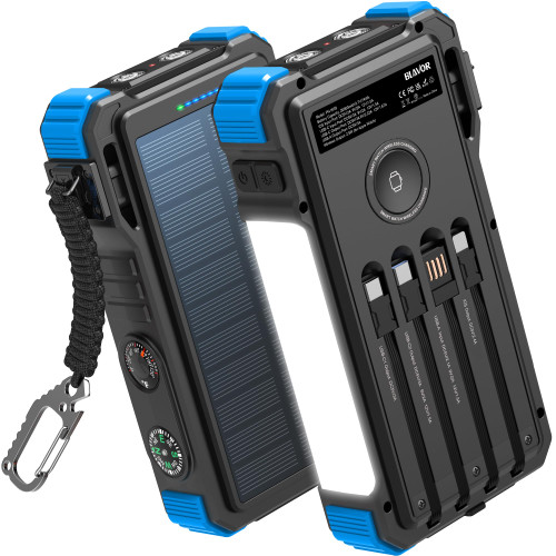 BLAVOR Solar Power Bank 20000mAh Built-in Cables, Wireless Charger for Apple Watch, 20W Fast Charging Battery Pack with USB C, Flashlight, Solar Charger for iPhone, iPad, iWatch, Samsung