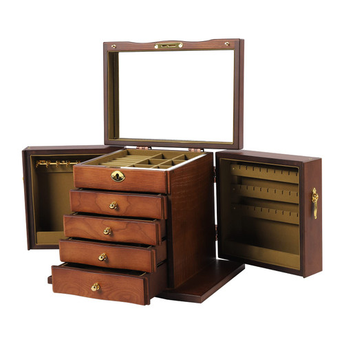LOYALHEARTDY Large Wooden Jewelry Box Drawer 5 Layers+2 Swing-Out Cabinets, Jewelry Case Cabinet with Mirror and Lock
